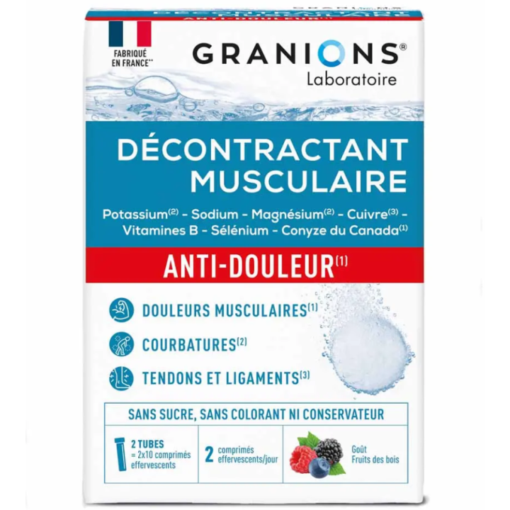 Décontractant musculaire anti-douleur goût fruits des bois Granions - 2 tubes de 10 comprimés