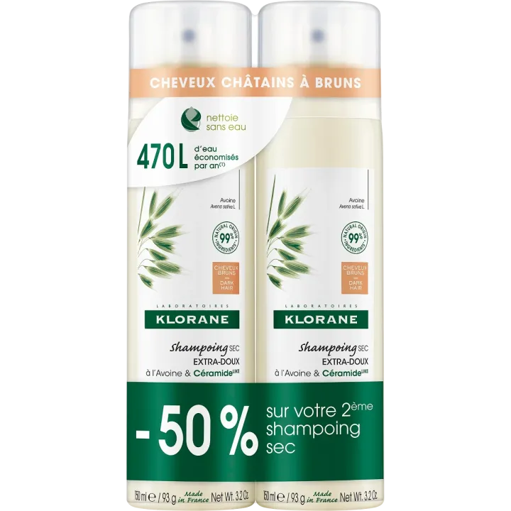 Shampoing sec extra-doux teinté cheveux châtains à bruns Klorane - lot de 2 sprays de 150ml