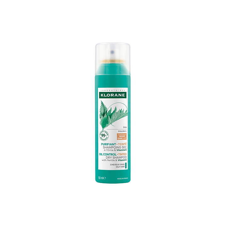 Shampooing sec à l'Ortie purifiant teinté cheveux gras bruns Klorane - spray de 150ml