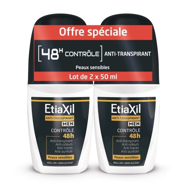 Déodorant homme anti-transpirant contrôle 48h Etiaxil - lot de 2 roll-on de 50ml