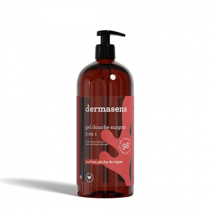 Dermasens gel douche surgras 3 en 1 parfumé pêche de vigne Marque Verte - flacon-pompe de 1L
