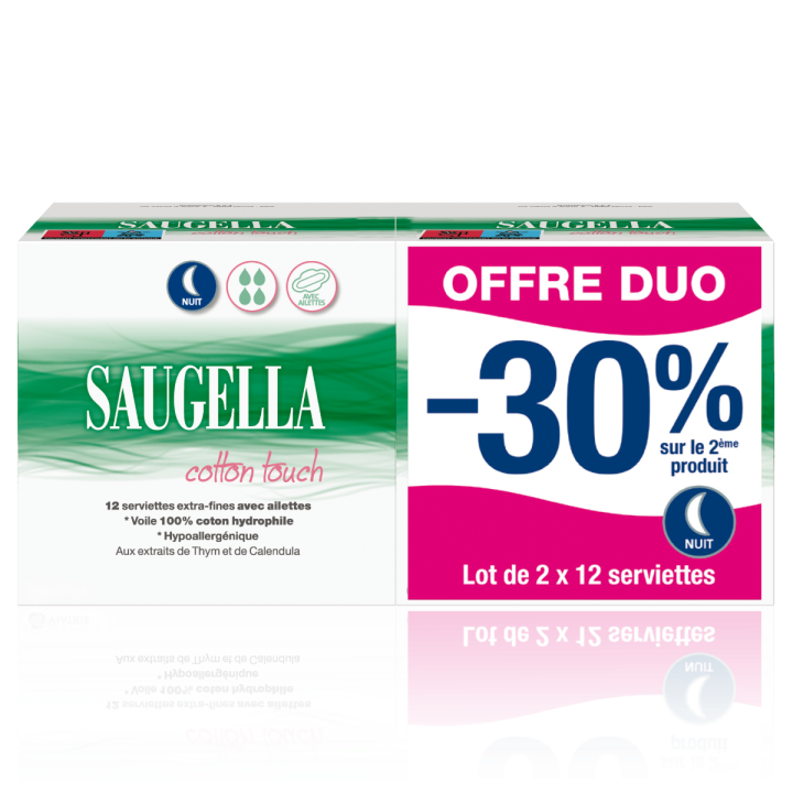 Cotton Touch Serviettes extra-fines avec ailettes nuit Saugella - lot de 2 boîtes de 12 serviettes