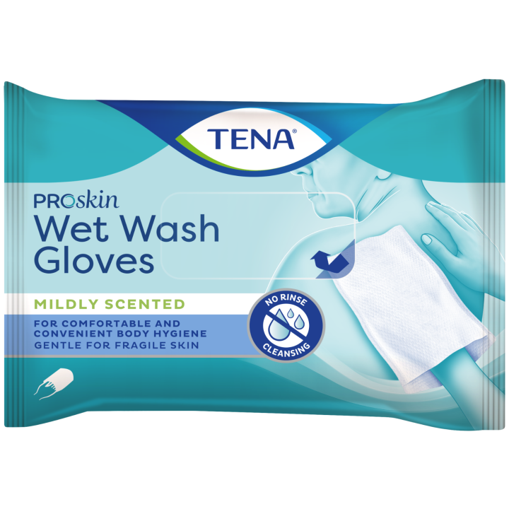 Gants de toilette pré-imprégnés Wet Wash Glove Tena - paquet de 8 gants