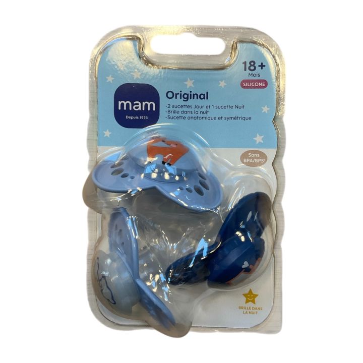 Sucette anatomique Original jour/nuit 18 mois+ bleu Mam - lot de 3 sucettes
