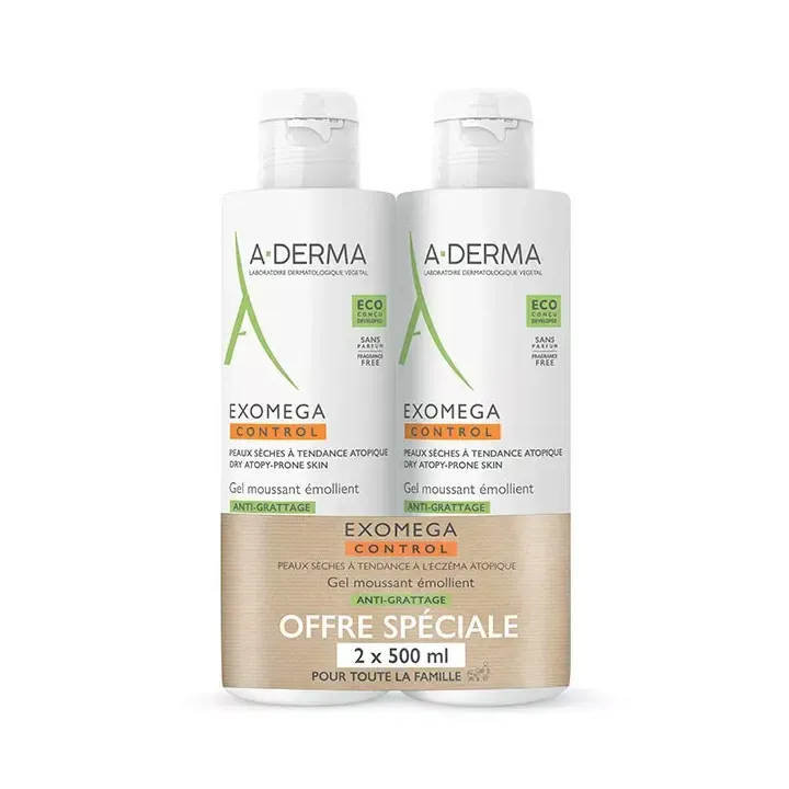 Exomega Control gel moussant émollient anti-grattage A-derma - lot de 2 flacons