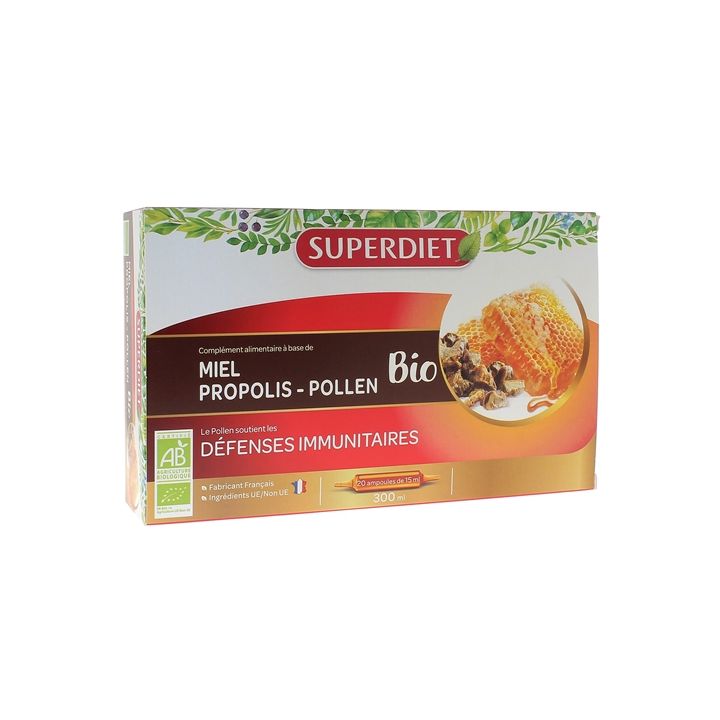 Miel d'Acacia, propolis, pollen bio Super Diet - boite de 20 ampoules