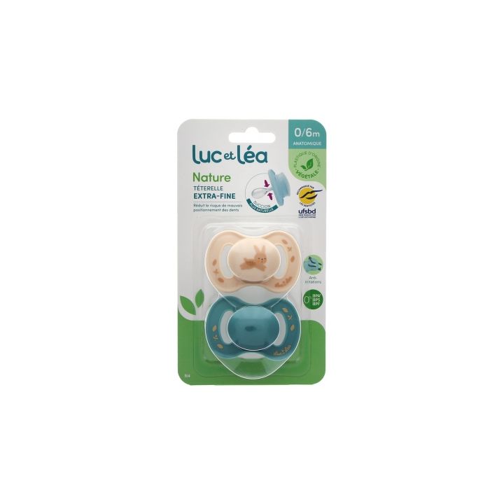Nature sucettes anatomiques téterelle extra-fine 0-6 mois lapin & bleu Luc et Léa - lot de 2 sucettes