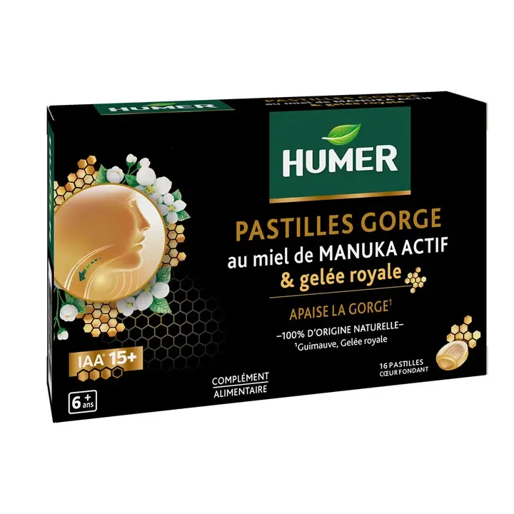 Pastilles gorge au miel de manuka actif gelée royale Humer - boite de 16 pastilles