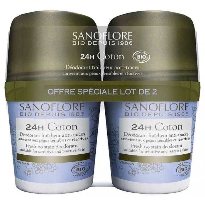 Déodorant coton 24h anti-traces Sanoflore - 2 roll-on de 50 ml