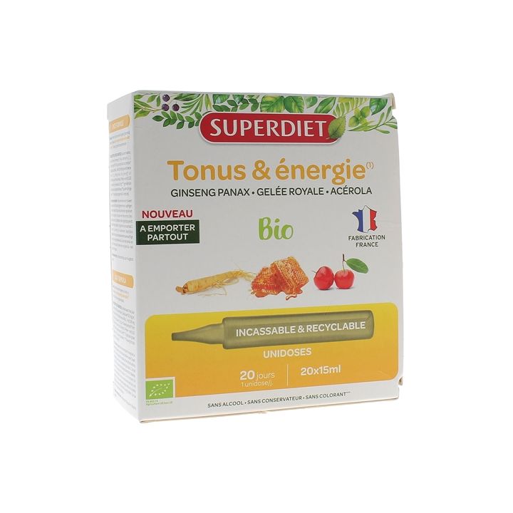 Tonus & énergie bio Superdiet - boîte de 20 unidoses de 15ml