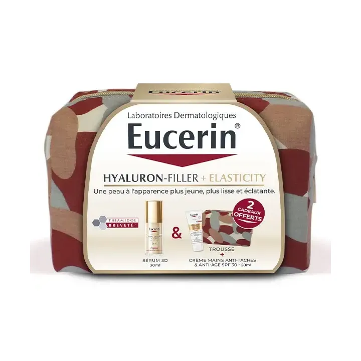 Trousse Hyaluron-Filler + elasticity sérum 3D Eucerin - flacon-pompe de30ml + crème mains 20ml et trousse offerte