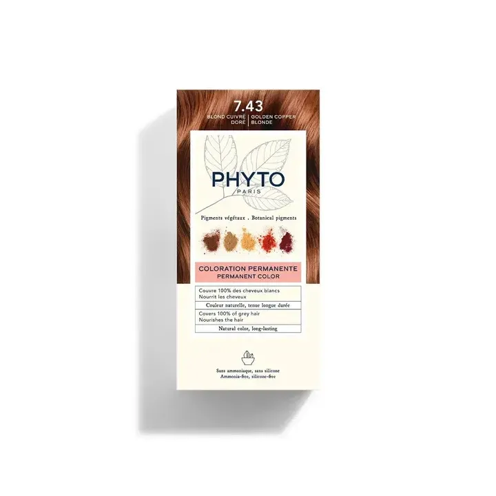 Coloration permanente 7.43 blond cuivré doré Phyto - lait révélateur et crème colorante de 50ml