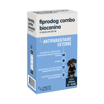 Fiprodog combo 67 mg/60,3 mg antiparasitaire externe petits chiens (2-10kg) Biocanina - boîte de 3 pipettes de 0,67ml