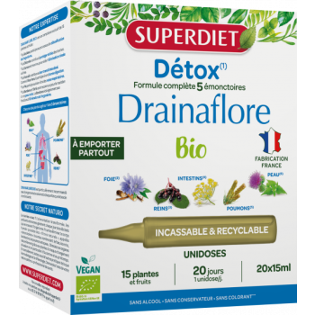 Drainaflore détox bio Superdiet - boîte de 20 unidoses de 15ml