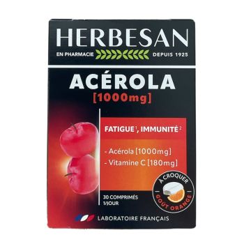 Acérola 1000 g + vitamine C 180mg goût orange Herbesan - boite de 30 comprimés à croquer
