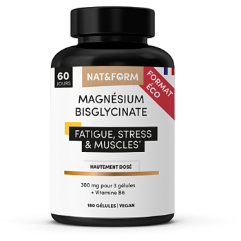 Magn&eacute;sium Bisglycinate fatigue, stress et muscles Nat&Form - pot de 180 g&eacute;lules