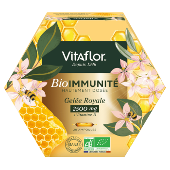 Gelée royale 2500 mg Vitamine D bio Vitaflor - boîte de 20 ampoules