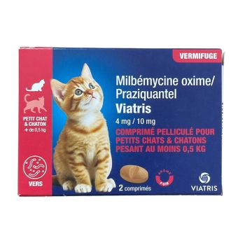 Milbémycine Praziquantel Vermifuge petit chat et chaton +0,5kg arôme foie Viatris - boite de 2 comprimés