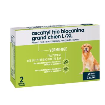 Ascatryl Trio Vermifuge "Grand Chien" (+ de 17,5 kg) Biocanina- boîte de 2 comprimés