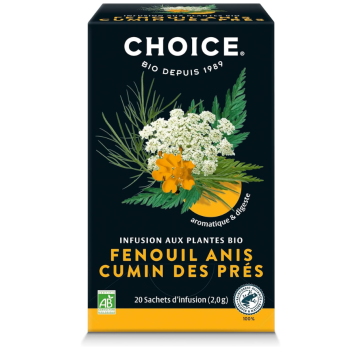 Infusion aux plantes bio fenouil anis cumin des prés Choice - boite de 17 sachets 