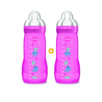 Biberon rose Easy active 2 ème âge 6 mois + Mam - 2 biberons de 330 ml
