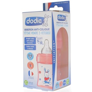 Biberon Initiation+ tétine ronde 3 vitesses rose poupée 0-6mois Dodie - Biberon de 150ml