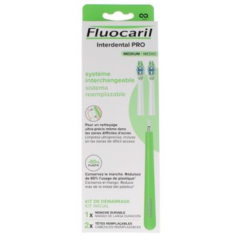 Interdental Pro Système interchangeable médium Kit de démarrage Fluocaril - boîte de 1 manche durable + 2 têtes remplaçables