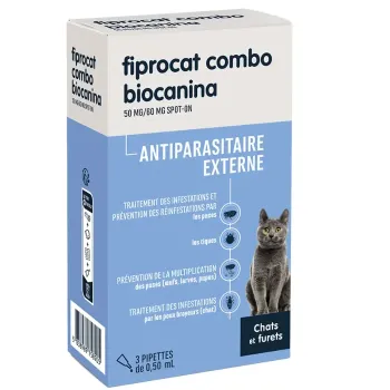 Fiprocat combo 50 mg/60 mg antiparasitaire externe chats et furets Biocanina - boîte de 3 pipettes de 0,5ml