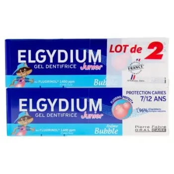 Dentifrice au fluorinol 7-12 ans goût bubble Elgydium Junior - lot de 2 tubes de 50ml