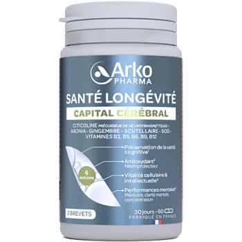 Sant&eacute; long&eacute;vite capital c&eacute;r&eacute;brale Arkopharma - pot de 60 g&eacute;lules