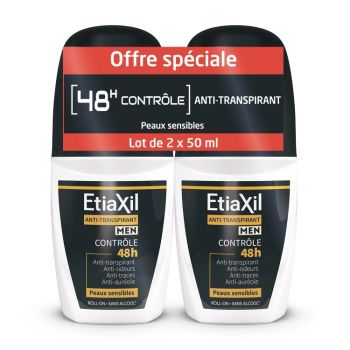 Déodorant homme anti-transpirant contrôle 48h Etiaxil - lot de 2 roll-on de 50ml