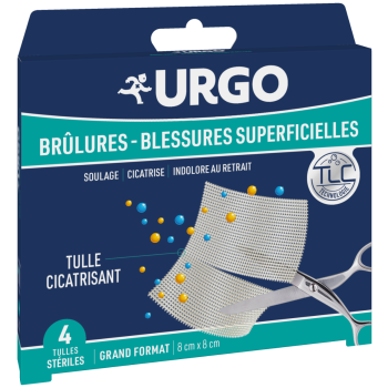 Tulles stériles cicatrisants brûlures et blessures superficielles Urgo - boîte de 4 tulles 8x8 cm