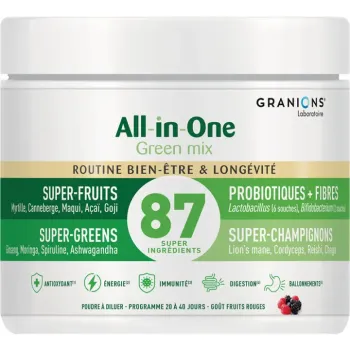 All-in-One Green mix routine bien-&ecirc;tre et long&eacute;vit&eacute; go&ucirc;t fruits rouges Granions - pot de 146g