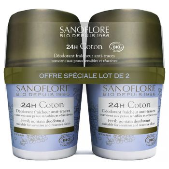 Déodorant coton 24h anti-traces Sanoflore - 2 roll-on de 50 ml