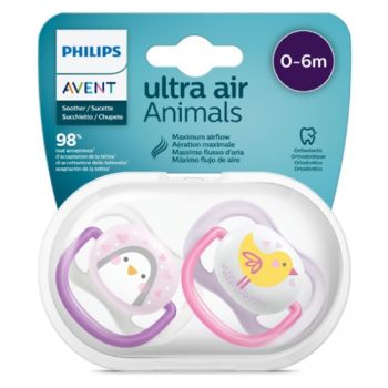 Ultra Air Animals Sucettes orthodontiques silicone 0-6 mois Avent - lot de 2 sucettes