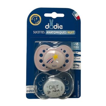Sucettes anatomiques nuit +18 mois rose Dodie - lot de 2 sucettes