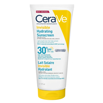 Lait solaire invisible hydratant SPF30+ haute protection visage et corps CeraVe - tube de 177ml