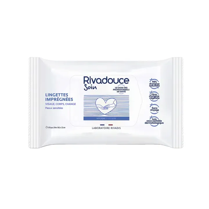 Lingettes imprégnées peaux sensibles Rivadouce - pack de 50 lingettes