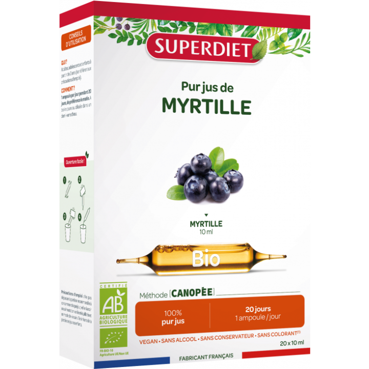 Myrtille bio Super Diet - boîte de 20 ampoules de 15 ml