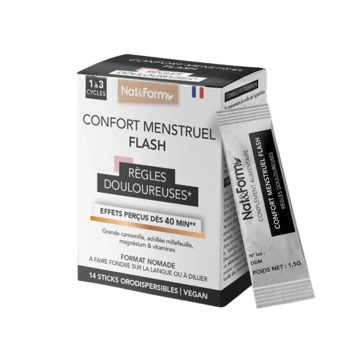 Confort menstruel flash règles douloureuses Nat&Form - boîte de 14 sticks orodispersibles 