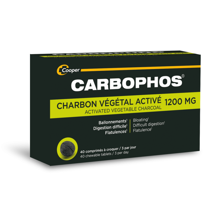 Carbophos 1200mg charbon végétal activé - boite de 40 comprimés à croquer