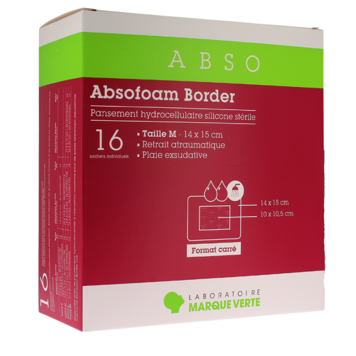Absofoam border pansement hydrocellulaire silicone stérile taille M Marque verte - boîte de 16 pansements de 14 x 15cm