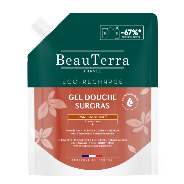 Gel douche surgras parfum monoï Beauterra - eco-recharge de 1L