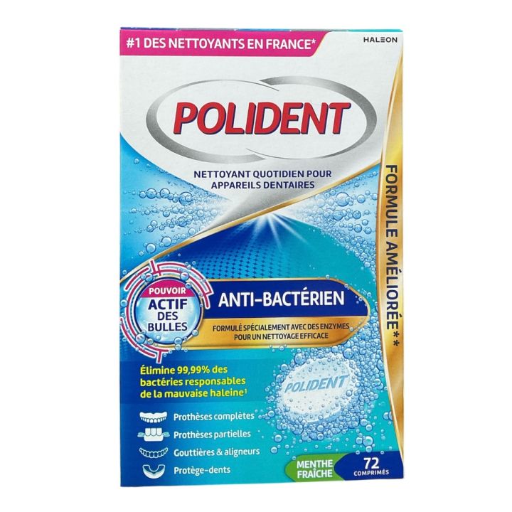 Polident comprimé nettoyant anti-bactérien pour appareil dentaire - boite de 72 comprimés