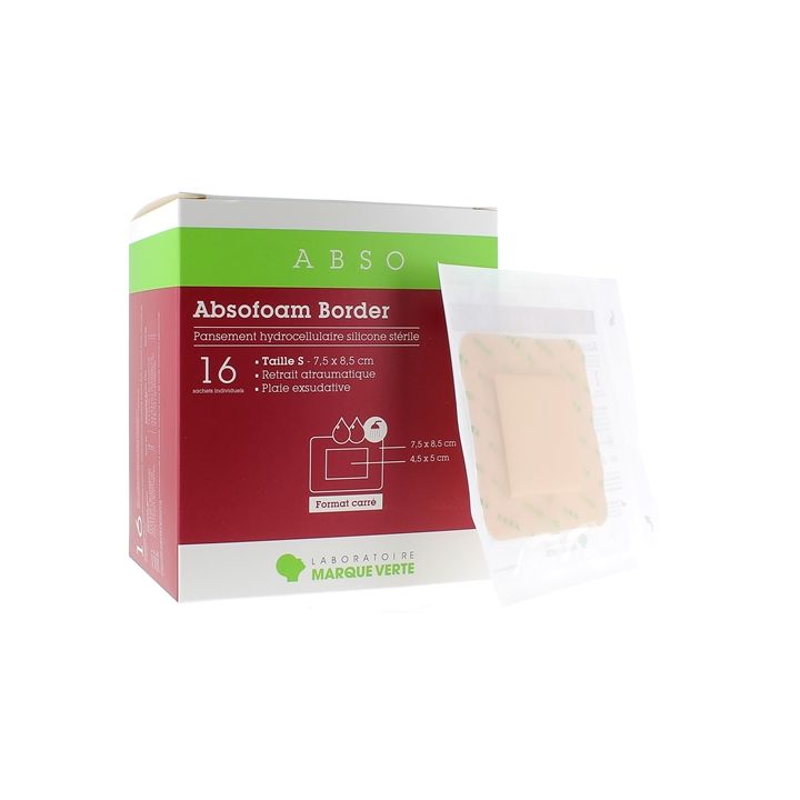 Absofoam Border Pansement Hydrocellulaire Marque Verte - boîte de 16 pansements de 7,5 x 8,5 cm