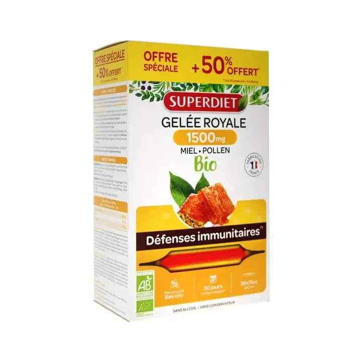 Gelée Royale Bio 1500 mg miel d'acacia pollen Super Diet - 20 ampoules de 15 ml