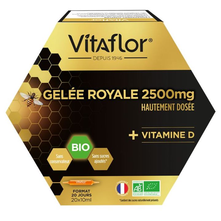Gelée royale 2500 mg Vitamine D bio Vitaflor - boîte de 20 ampoules