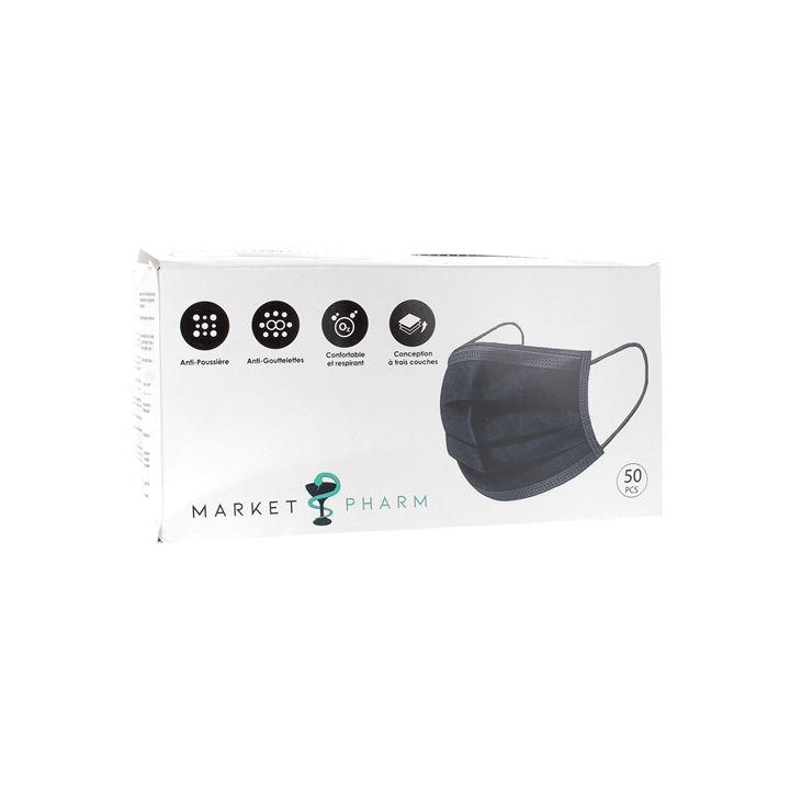 Masques chirurgicaux 3 plis type IIR noirs - boîte de 10 masques