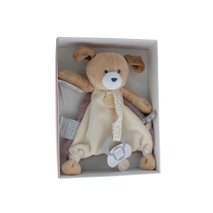 Mini doudou chien attache sucette Doudou et compagnie - boîte avec doudou de 15 cm