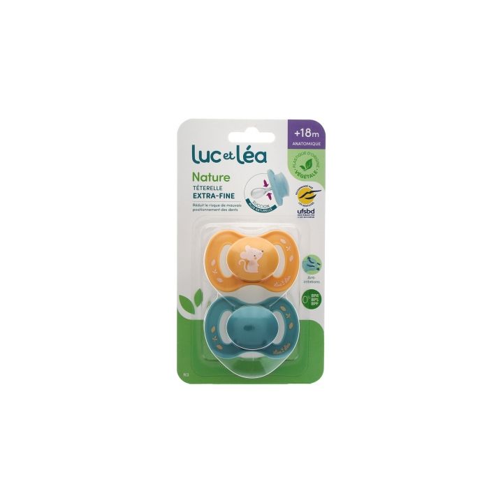 Nature sucettes anatomiques téterelle extra-fine +18 mois souris & bleu Luc et Léa - lot de 2 sucettes